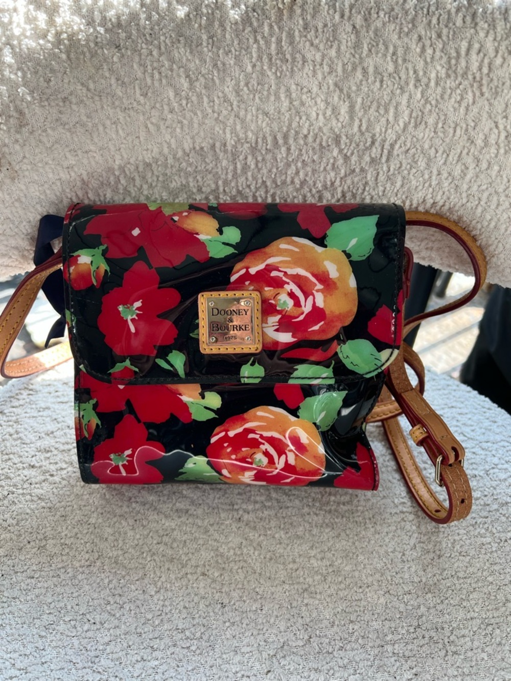 Dooney & Bourke Black Floral Patent Leather Crossbody with Red and Green Roses